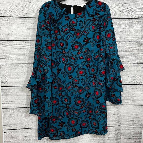 Hashttag Blue Floral Ruffle Long Sleeve Dress With Keyhole Back & Layered Bell S - Picture 1 of 4
